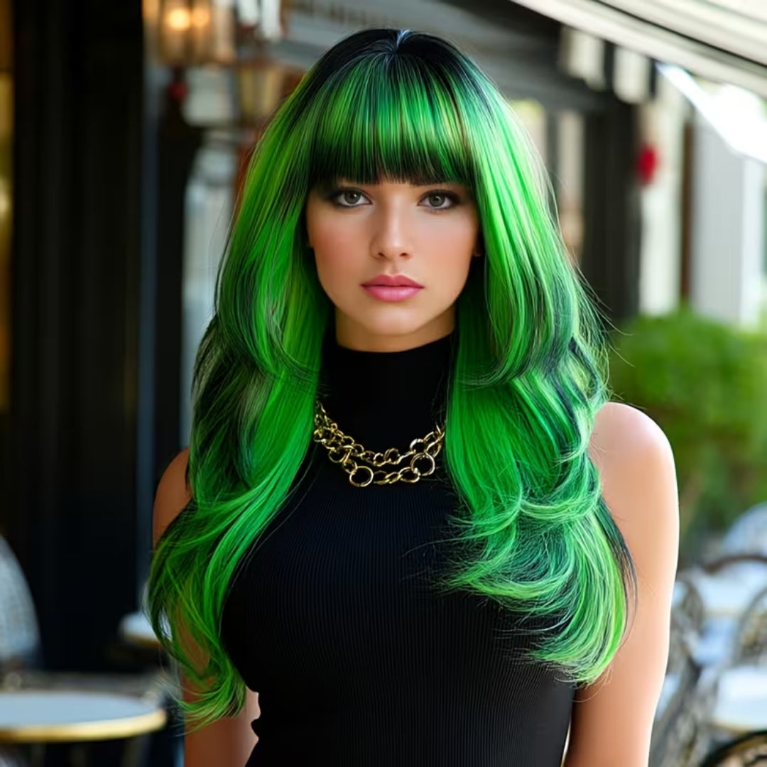 Lange Golvende Pruik met Pony Groen Synthetisch Haar voor Cosplay Verkleedfeest Halloween Carnaval Party | Sansoti