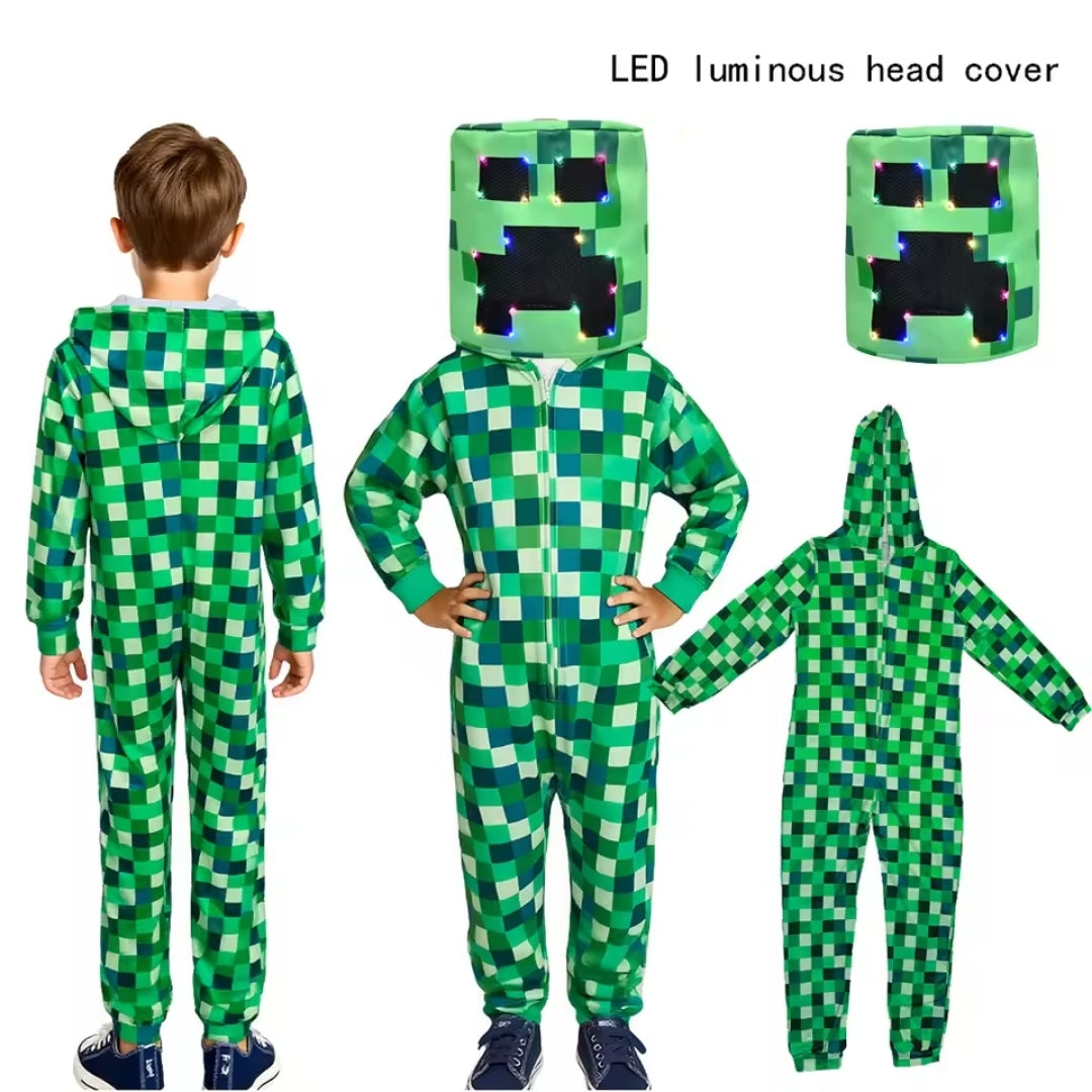 Kinderkostuum Pixelmonster Jumpsuit LED Capuchon Verkleedkleding Feest Halloween Carnaval Jongen Meisje | Sansoti