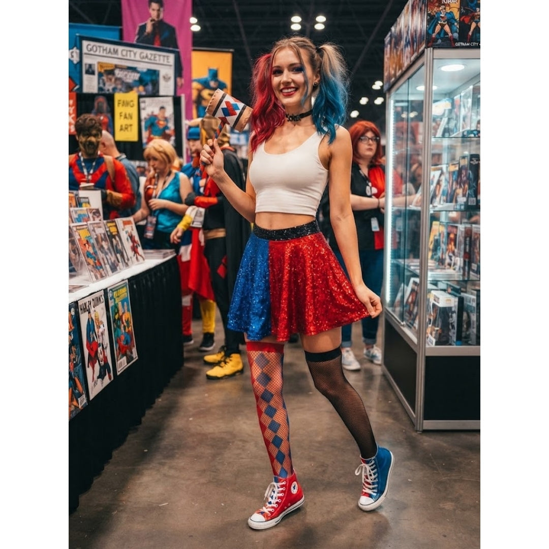 Pleated Two-Tone Cosplay Skirt Blue Red Costume for Parties Carnival Themed Events Anime | Sansoti