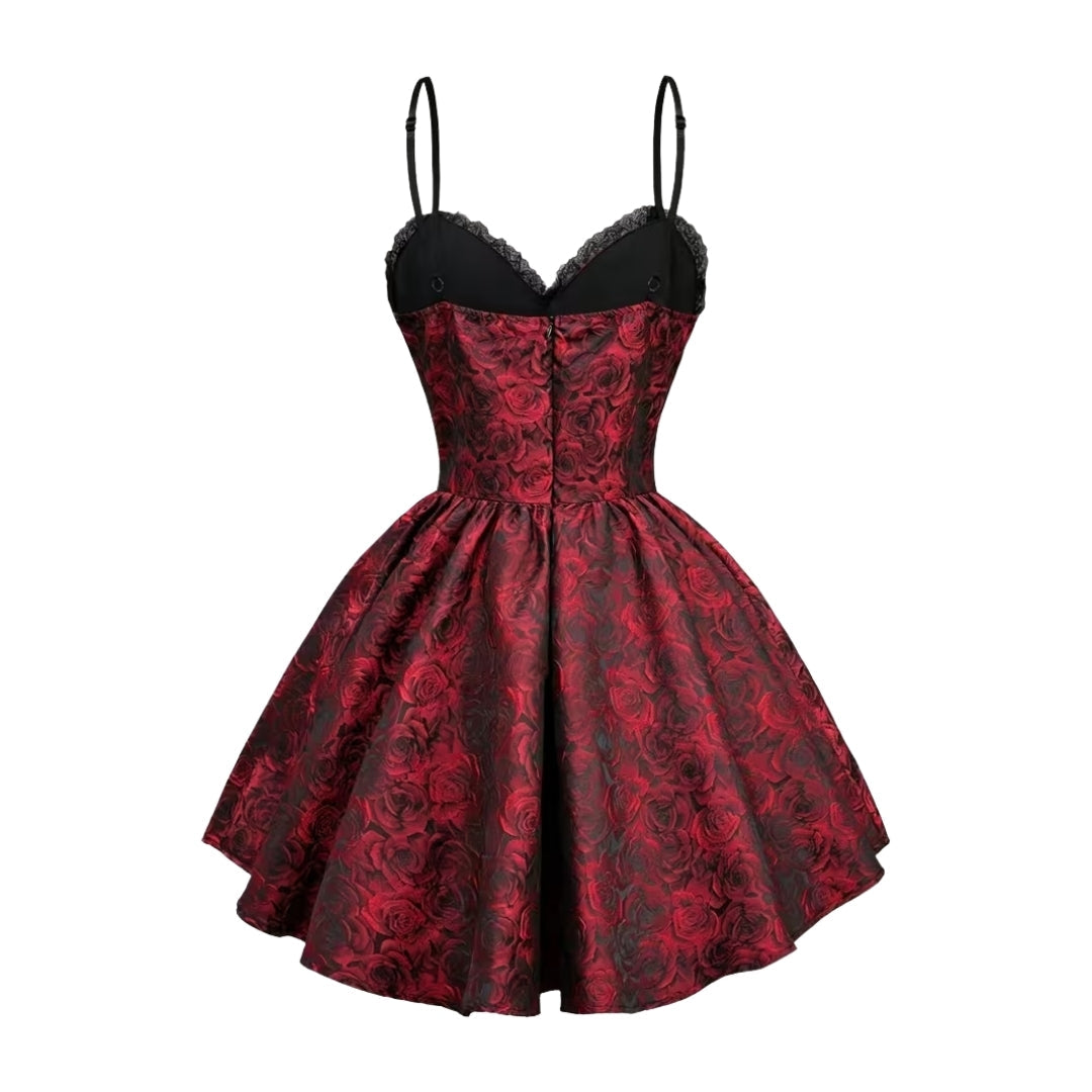 Gothic Vampierjurk met Rozenprint Corsetdetail Kanten Mouwen voor Halloween Cosplay Feest Carnaval Dames | Sansoti