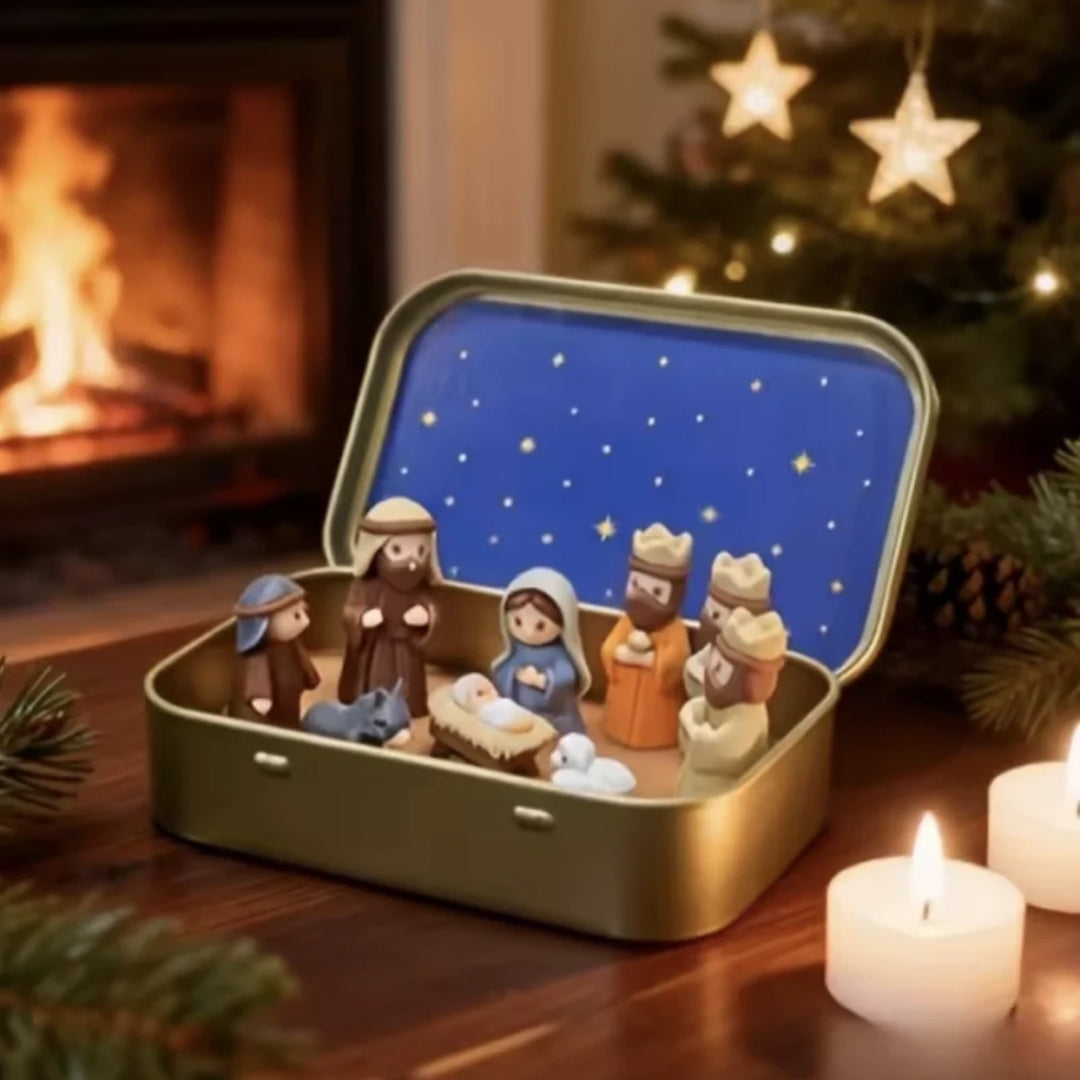 Compacte Kerststal in Bewaardoos Roestvrij Staal Maria Jozef Jezus Kerstdecoratie Traditioneel Feestelijk | Sansoti