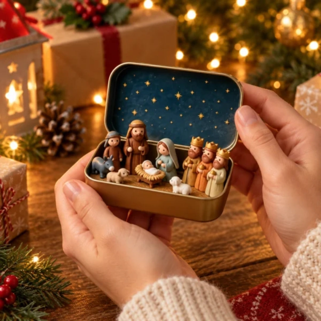Compacte Kerststal in Bewaardoos Roestvrij Staal Maria Jozef Jezus Kerstdecoratie Traditioneel Feestelijk | Sansoti