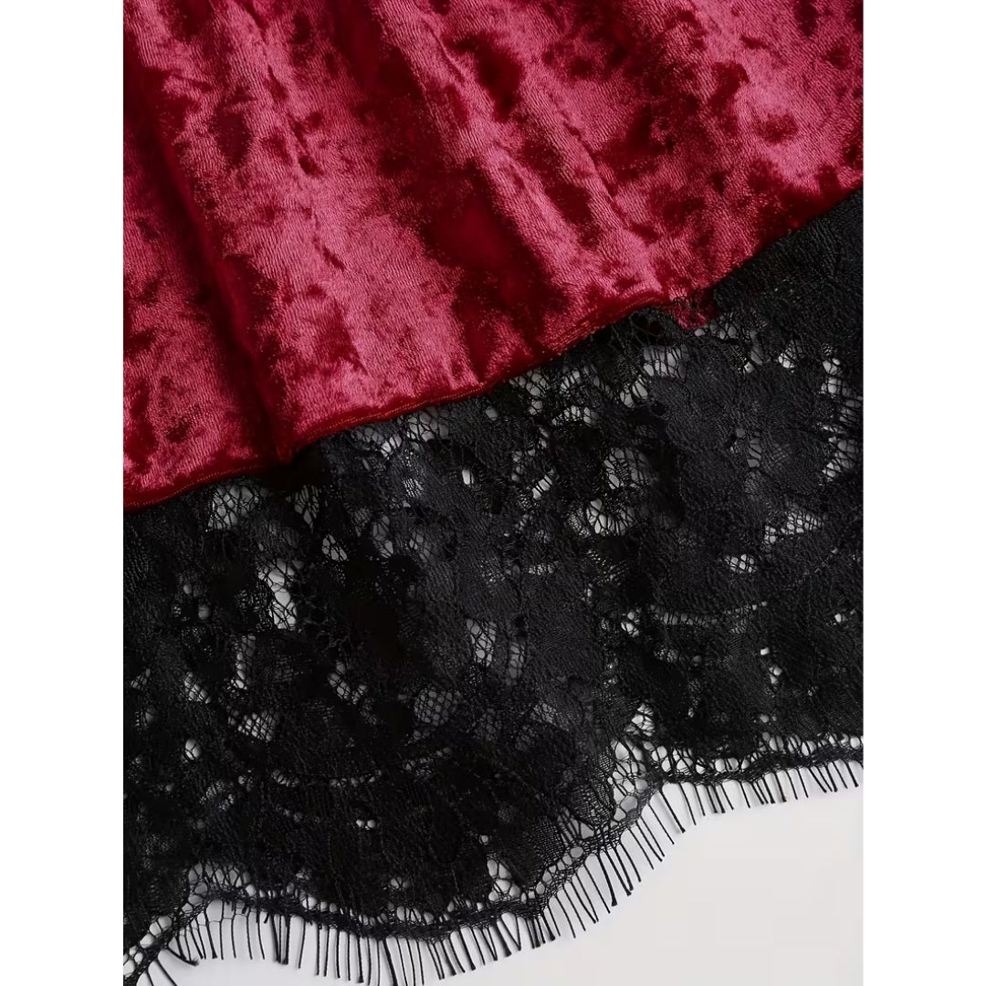 Fluwelen Mini-Jurk V-hals Kant Gothic Vintage Dames Feestjurk Strik Halloween Avondjurk Rood Elegant | Sansoti