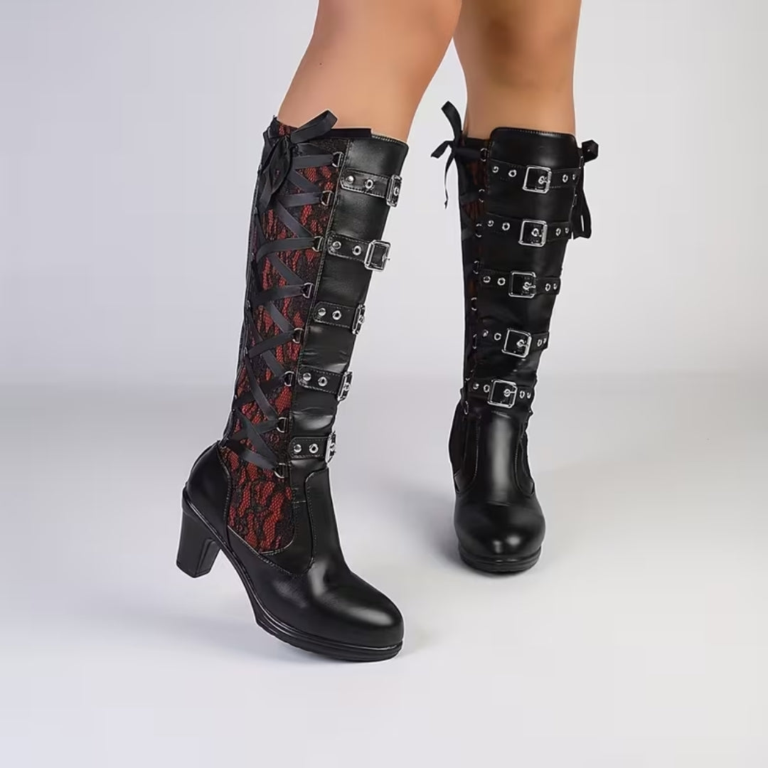 Stoere Dameslaarzen met Blokhak en Kantdetails – Gothic Punk Stijl voor Feest Halloween Festival Party | Sansoti
