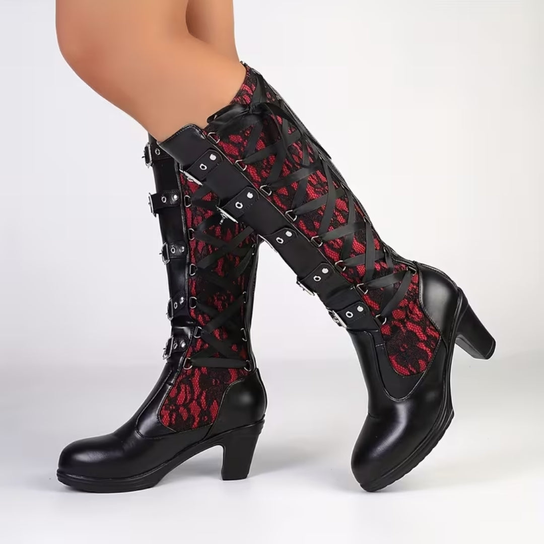 Stoere Dameslaarzen met Blokhak en Kantdetails – Gothic Punk Stijl voor Feest Halloween Festival Party | Sansoti