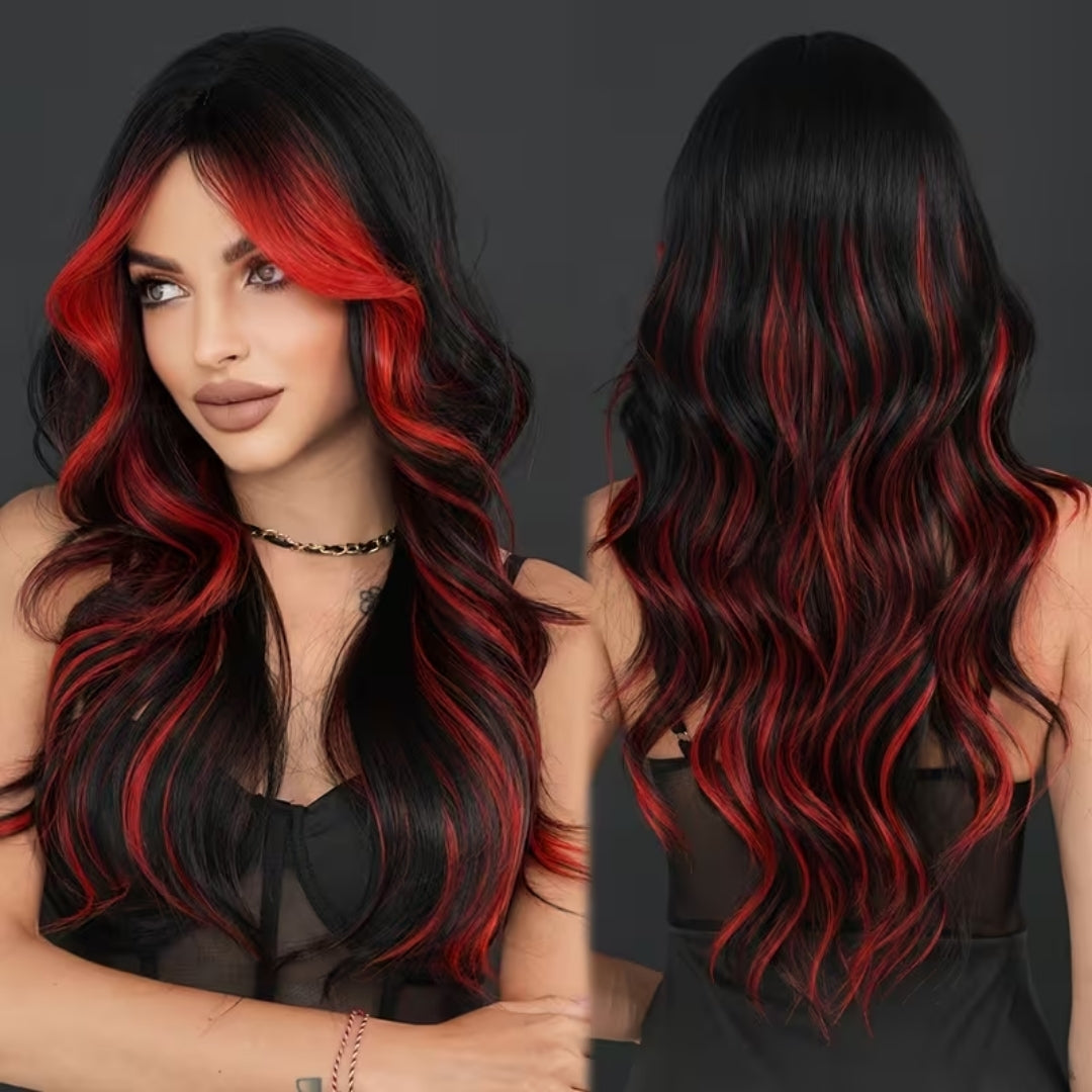 Zwart-Rode Damespruik Lange Golvende Krullen 66cm Ombre Haarwerk Themafeesten Cosplay Carnaval Kostuum | Sansoti