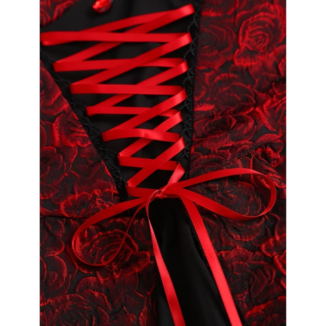 Gotische Feestjurk Rood met Rozenprint Vetersluiting Vintage Stijl voor Themafeesten Cosplay Halloween | Sansoti