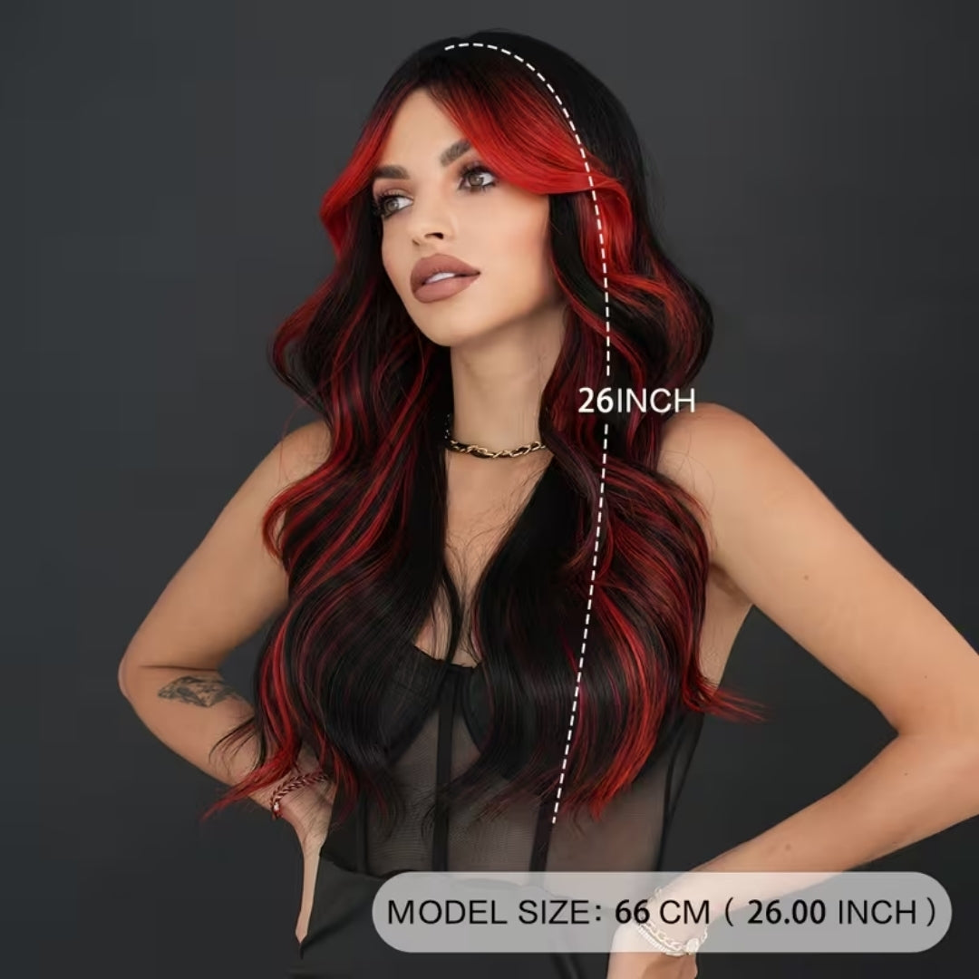 Zwart-Rode Damespruik Lange Golvende Krullen 66cm Ombre Haarwerk Themafeesten Cosplay Carnaval Kostuum | Sansoti