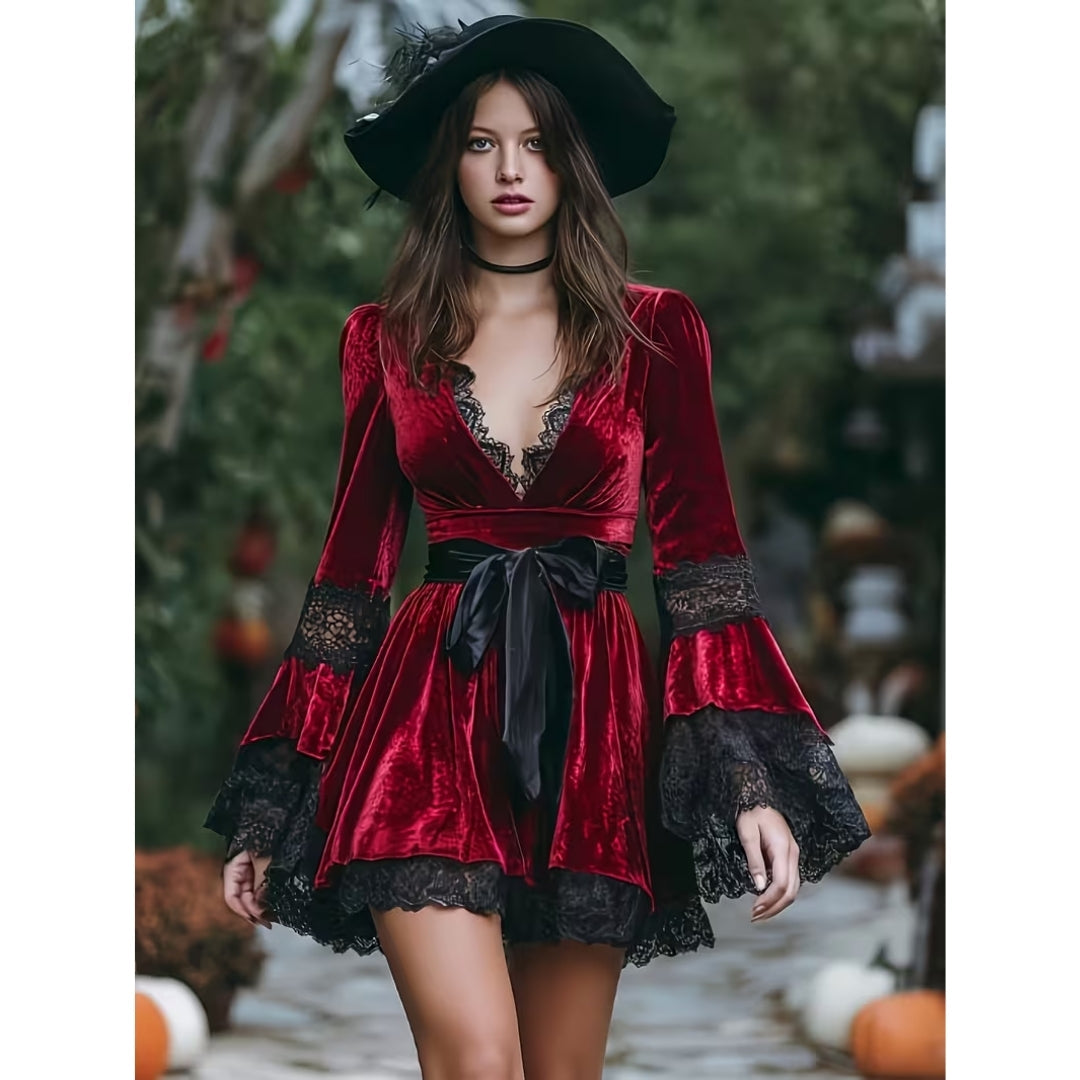 Fluwelen Mini-Jurk V-hals Kant Gothic Vintage Dames Feestjurk Strik Halloween Avondjurk Rood Elegant | Sansoti