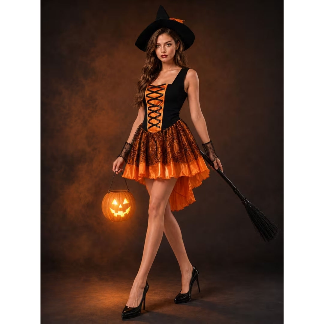 Toverkostuum met Punthoed en Kanten Rok voor Halloween Feestlook Carnaval Verkleedpartij Dames Maat XS-2XL | Sansoti