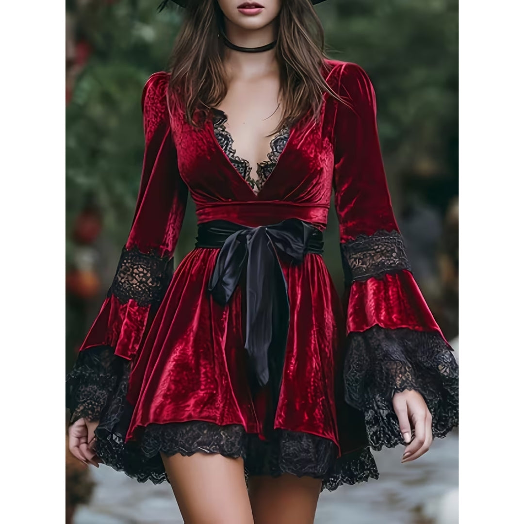 Fluwelen Mini-Jurk V-hals Kant Gothic Vintage Dames Feestjurk Strik Halloween Avondjurk Rood Elegant | Sansoti
