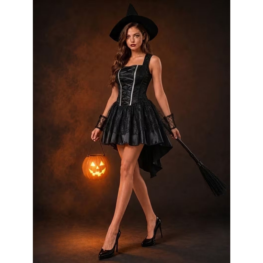 Toverkostuum met Punthoed en Kanten Rok voor Halloween Feestlook Carnaval Verkleedpartij Dames Maat XS-2XL | Sansoti