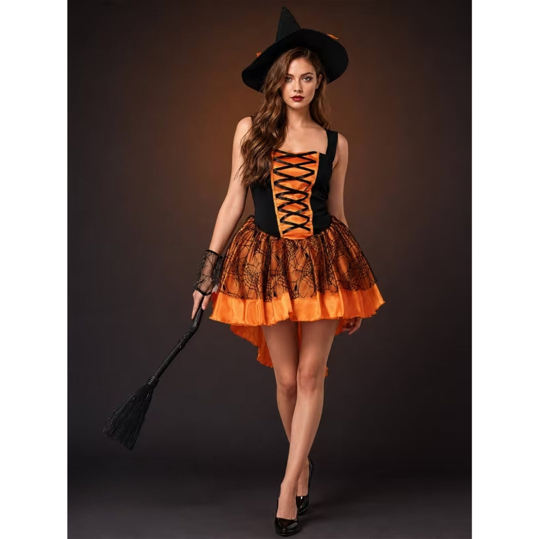 Toverkostuum met Punthoed en Kanten Rok voor Halloween Feestlook Carnaval Verkleedpartij Dames Maat XS-2XL | Sansoti