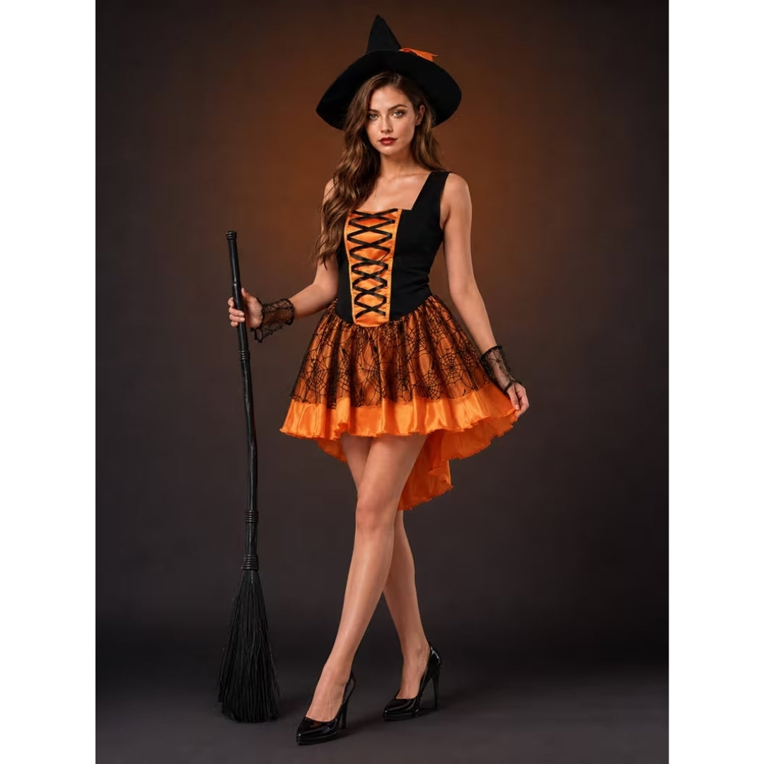 Toverkostuum met Punthoed en Kanten Rok voor Halloween Feestlook Carnaval Verkleedpartij Dames Maat XS-2XL | Sansoti