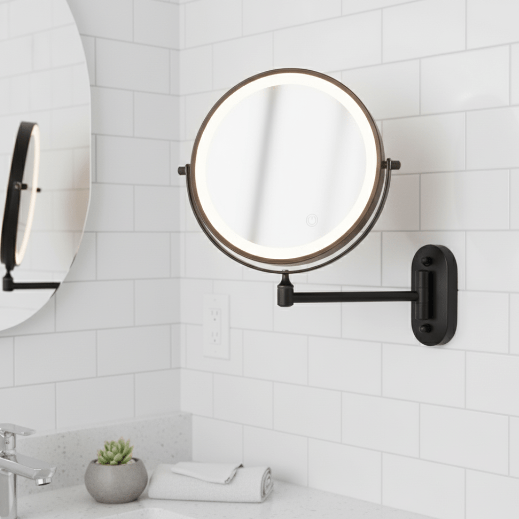 Verlichte Vergrotingsspiegel 3x-10x met Oplaadbare LED-verlichting Dimbaar Touch Zwart Chroom Badkamer | Sansoti