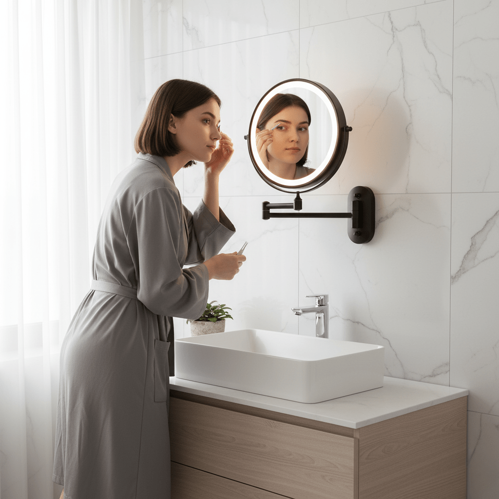 Verlichte Vergrotingsspiegel 3x-10x met Oplaadbare LED-verlichting Dimbaar Touch Zwart Chroom Badkamer | Sansoti