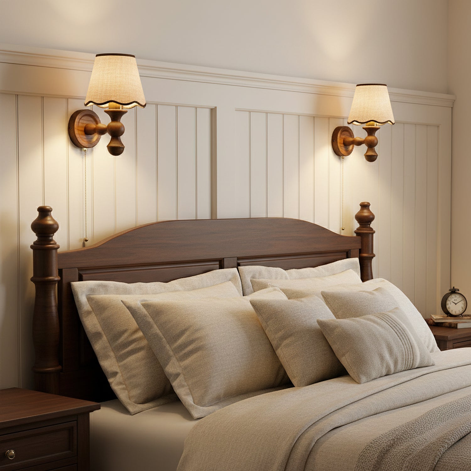 Wandlamp met golvende stoffen kap – Walnoot en beige vintage wandverlichting voor slaapkamer en gang | Sansoti