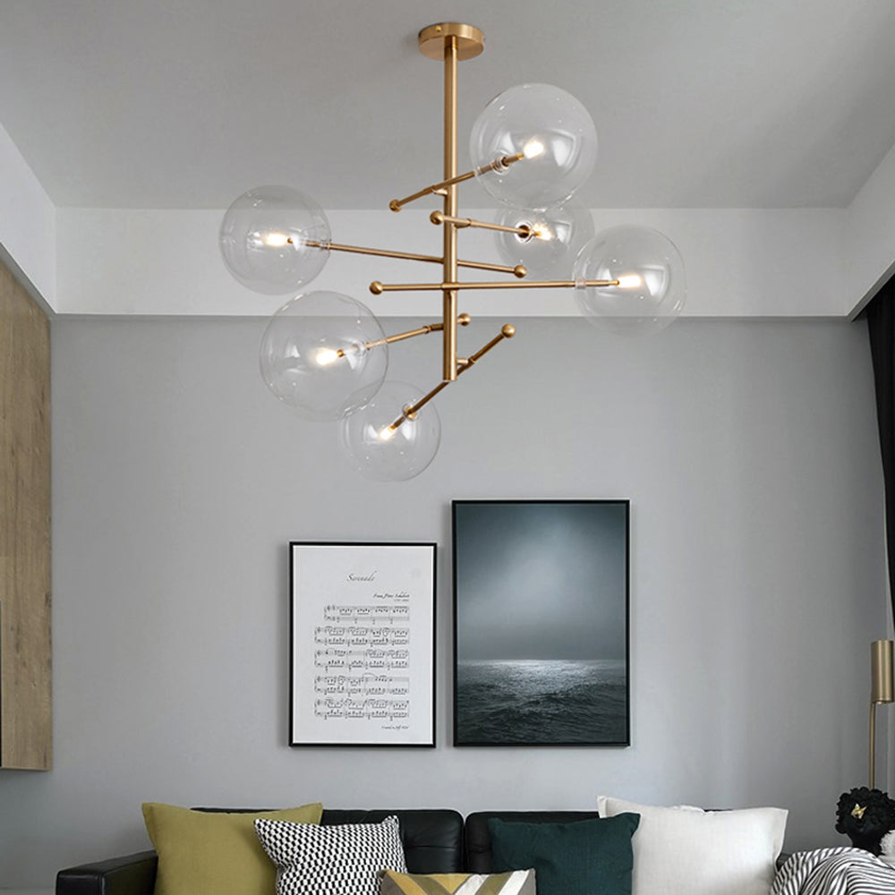 Goldfarbene Hängeleuchte mit Glaskugelschirmen, LED, 6 oder 8 Leuchtpunkte, Metall, modernes Design, Esszimmer, Wohnzimmer | Sansoti