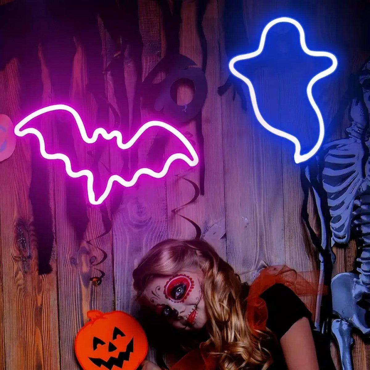 Neon-Tischlampe Fledermaus Geist LED-Beleuchtung Halloween-Ambientebeleuchtung Dekorative Themen-Nachtlampe für Kinder | Sansoti