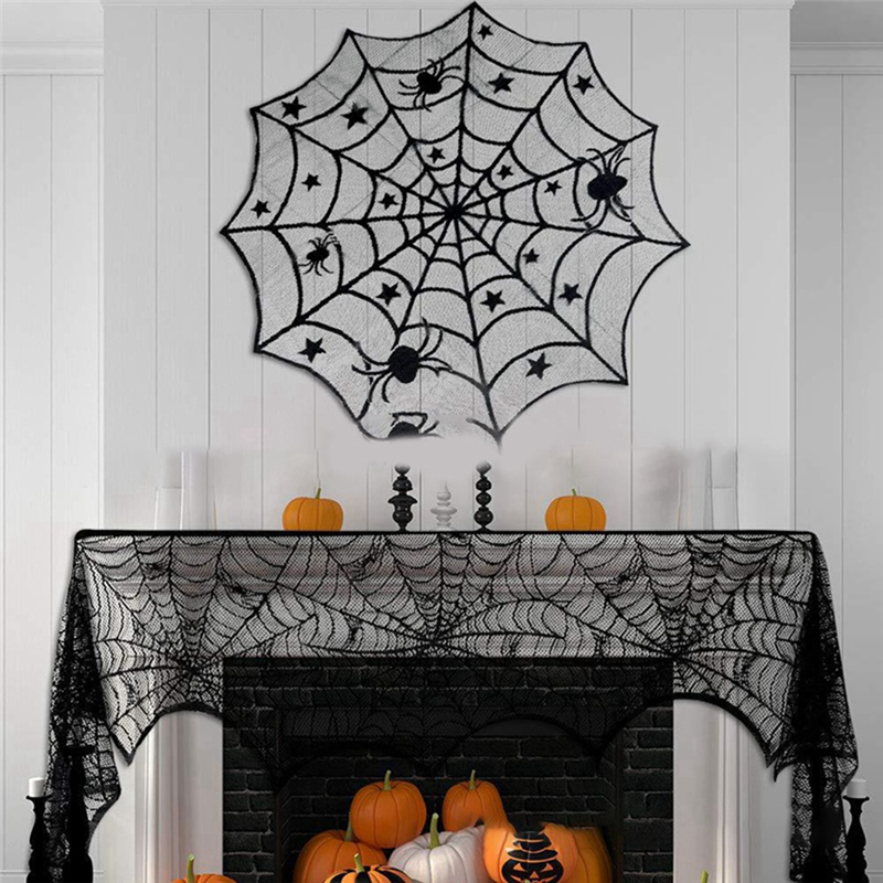 Lace Spiderweb Table Runner Black 18x73 inch Halloween Gothic Decor Mantel Table Party Decoration | Sansoti
