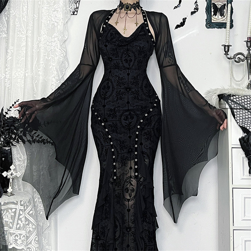 Crop top en gaze à manches chauve-souris, costume de fête gothique de sorcière, haut noir en mesh, mode alternative pour femmes | Sansoti