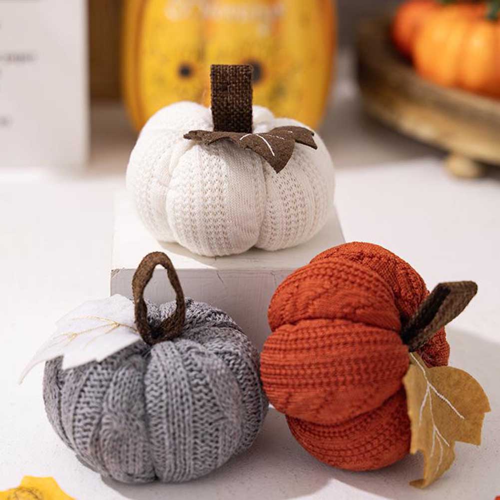 Gehäkeltes Kürbis-Set, 3-teilig, Herbstdekoration, handgefertigt, Textil, Orange, Grau, Weiß, saisonale Tischdekoration | Sansoti