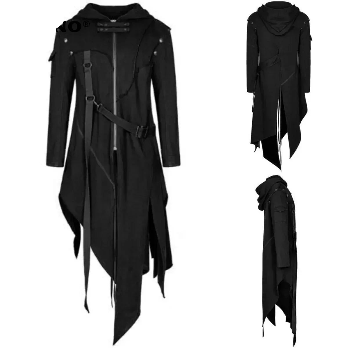 Gothic Jas met Capuchon Zwart Asymmetrisch Design Heren Winter Punk Streetwear Stijlvolle Bovenkleding | Sansoti