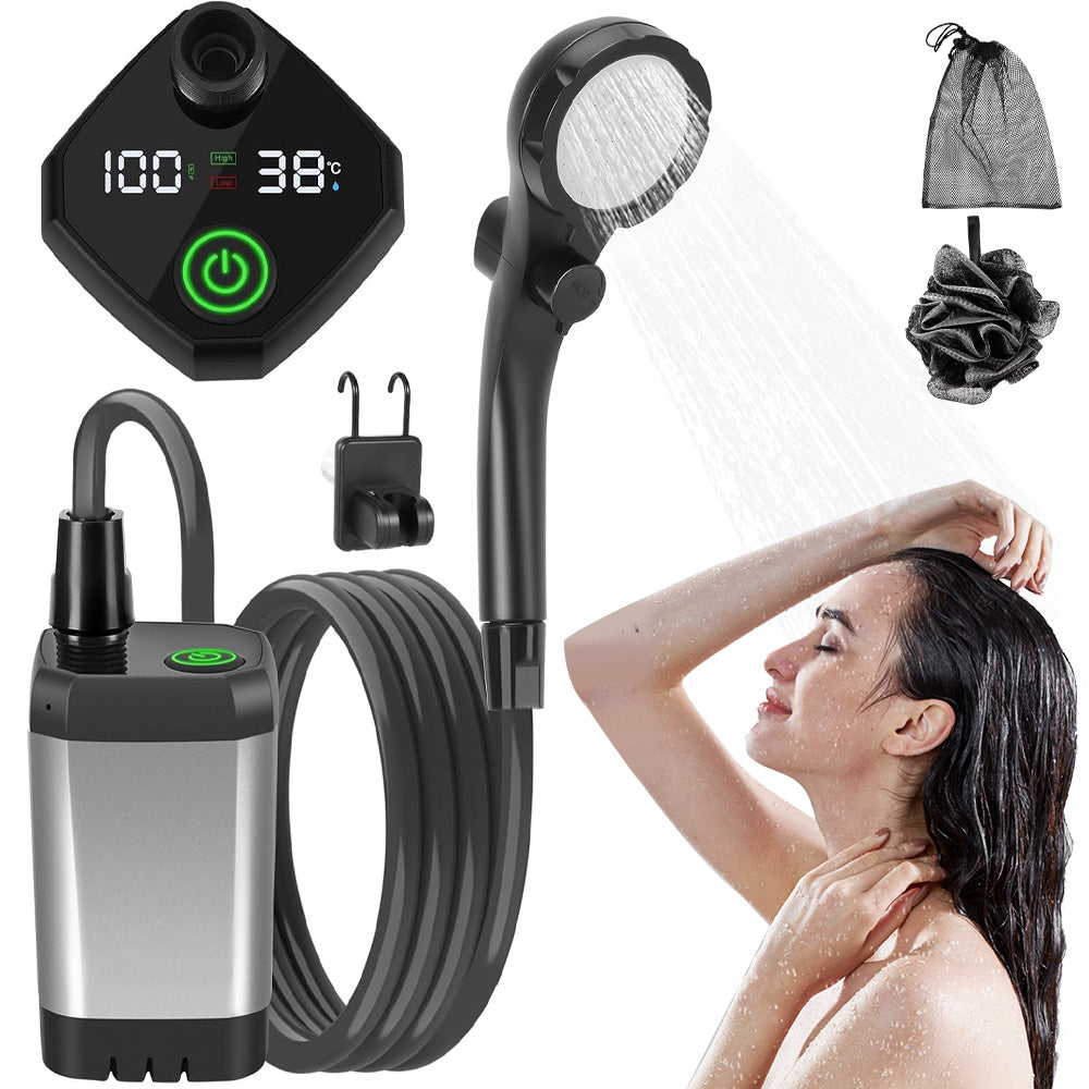 Tragbare Campingdusche mit digitalem Display, wiederaufladbarem 6000-mAh-Akku und einstellbarem Strahl für Reisen und Camping | Sansoti