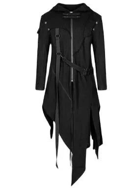 Gothic Jas met Capuchon Zwart Asymmetrisch Design Heren Winter Punk Streetwear Stijlvolle Bovenkleding | Sansoti