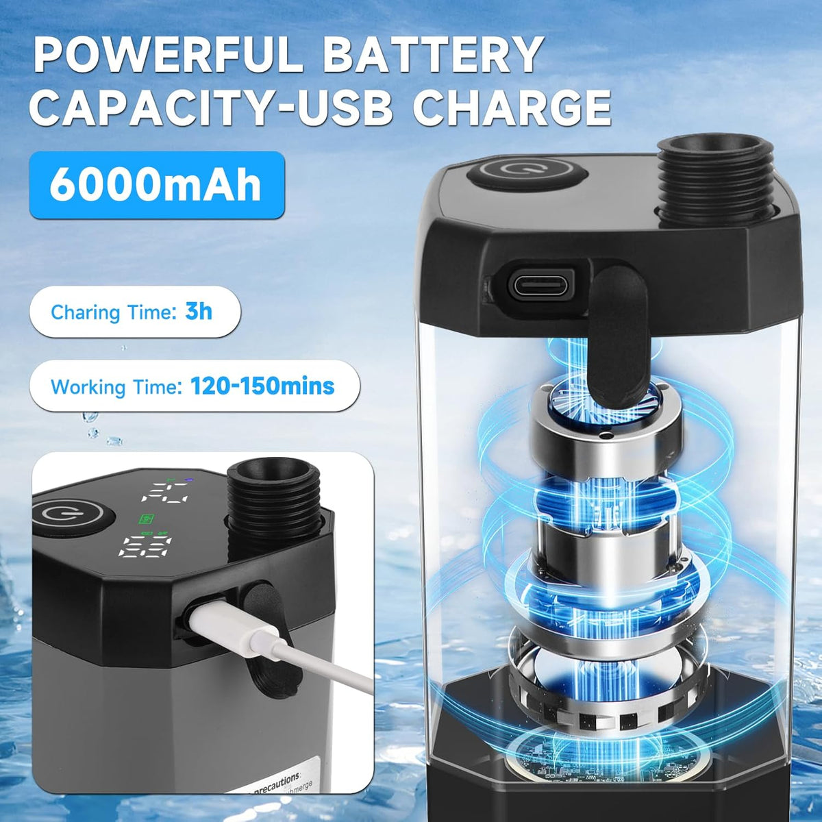 Tragbare Campingdusche mit digitalem Display, wiederaufladbarem 6000-mAh-Akku und einstellbarem Strahl für Reisen und Camping | Sansoti