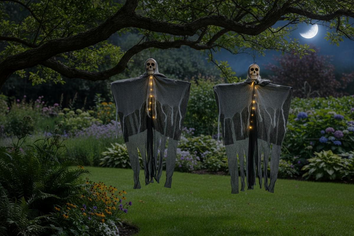 Light-Up Hanging Ghost with Skull and Mesh for Halloween Garden Porch Party Spooky Atmosphere Outdoor | Sansoti