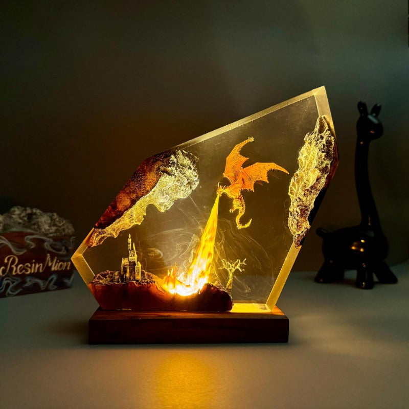 Draak Tafellamp met Vuureffect Hars LED Verlichting Fantasy Sfeer Decoratief Nachtlampje Gothic Woonkamer | Sansoti