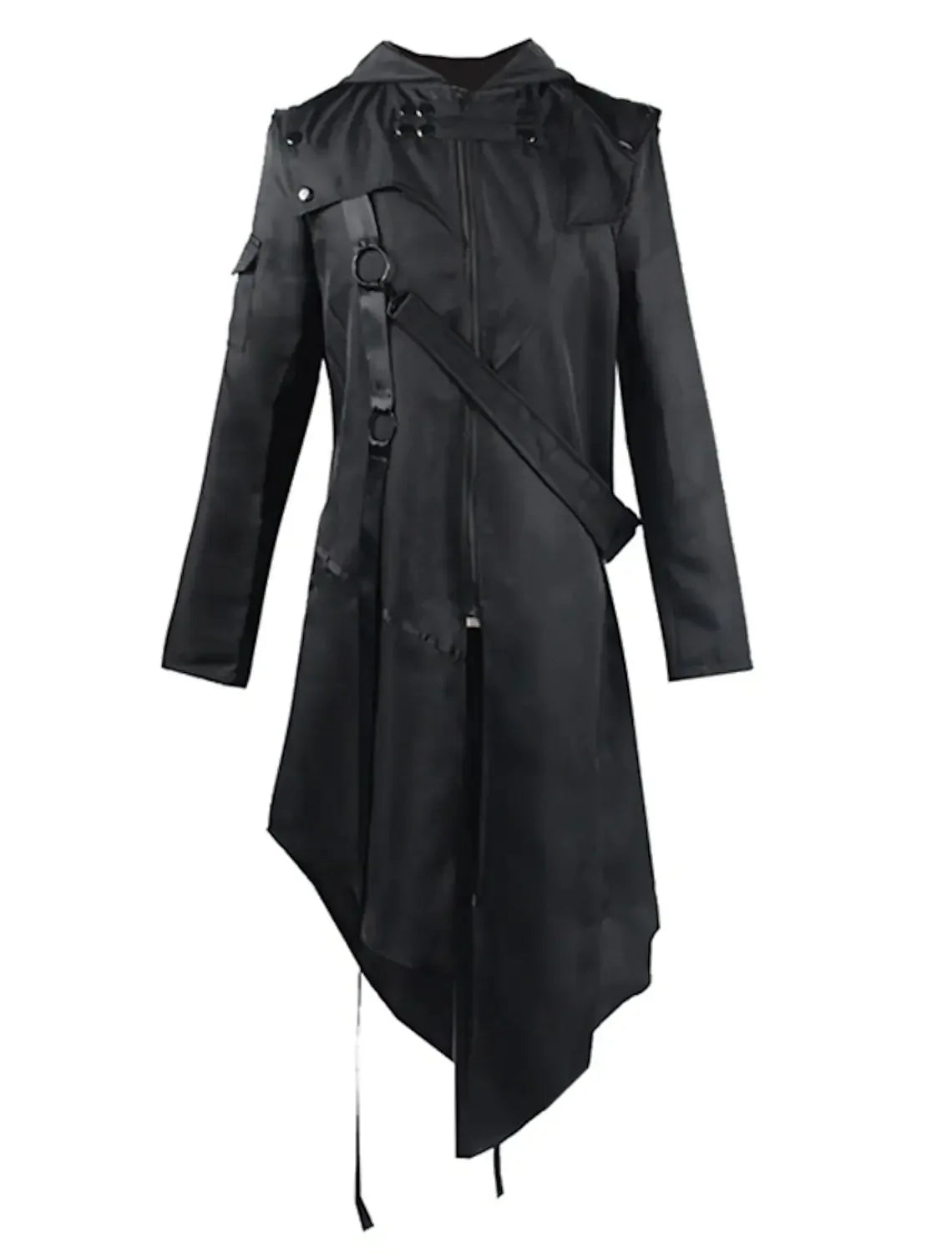 Gothic Jas met Capuchon Zwart Asymmetrisch Design Heren Winter Punk Streetwear Stijlvolle Bovenkleding | Sansoti