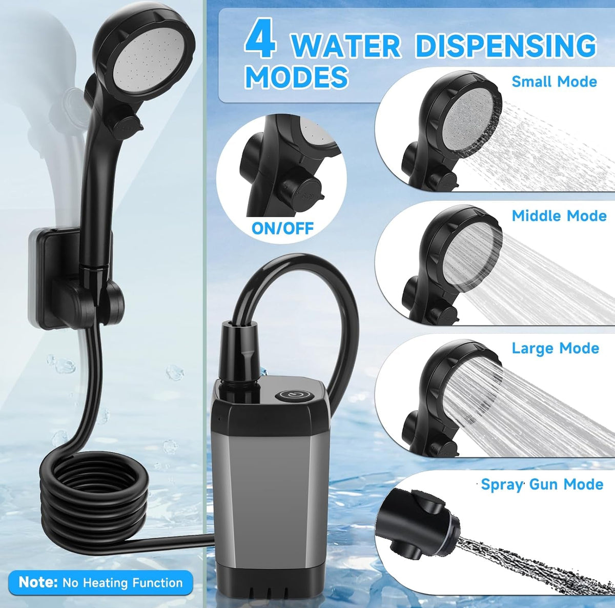 Tragbare Campingdusche mit digitalem Display, wiederaufladbarem 6000-mAh-Akku und einstellbarem Strahl für Reisen und Camping | Sansoti