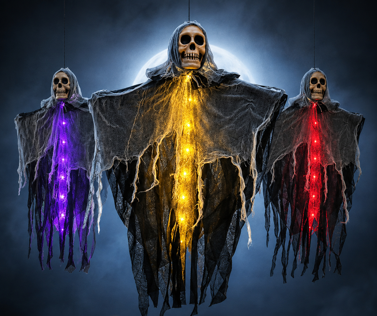 Light-Up Hanging Ghost with Skull and Mesh for Halloween Garden Porch Party Spooky Atmosphere Outdoor | Sansoti