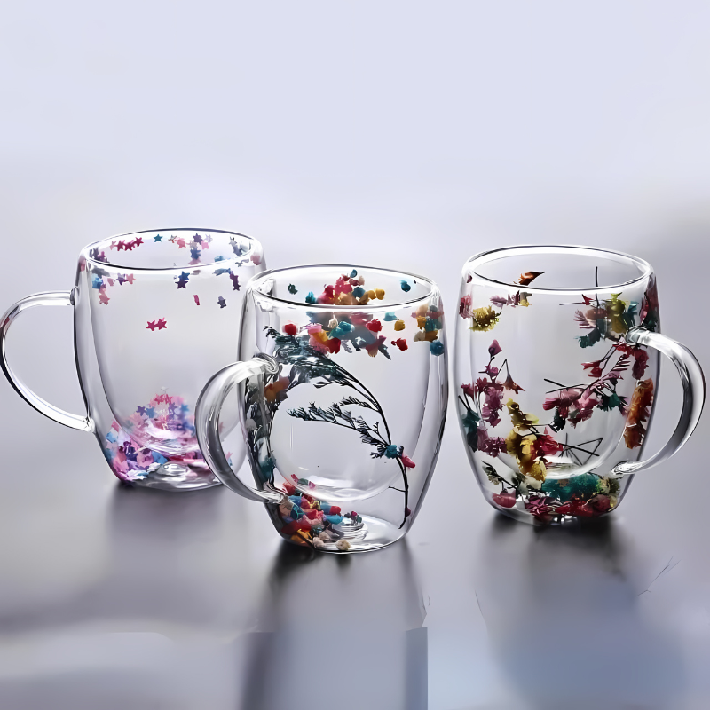 Dubbelwandige Cappuccinokop met Droogbloemen 300ml Glas Thermische Isolatie Ergonomische Greep Koffiekop | Sansoti