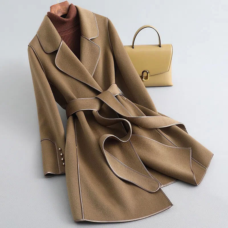 Długi wełniany trencz damski z paskiem, klasyczny płaszcz zimowy, Camel, Czarny, Zielony, Brązowy XS-3XL Elegancki | Sansoti