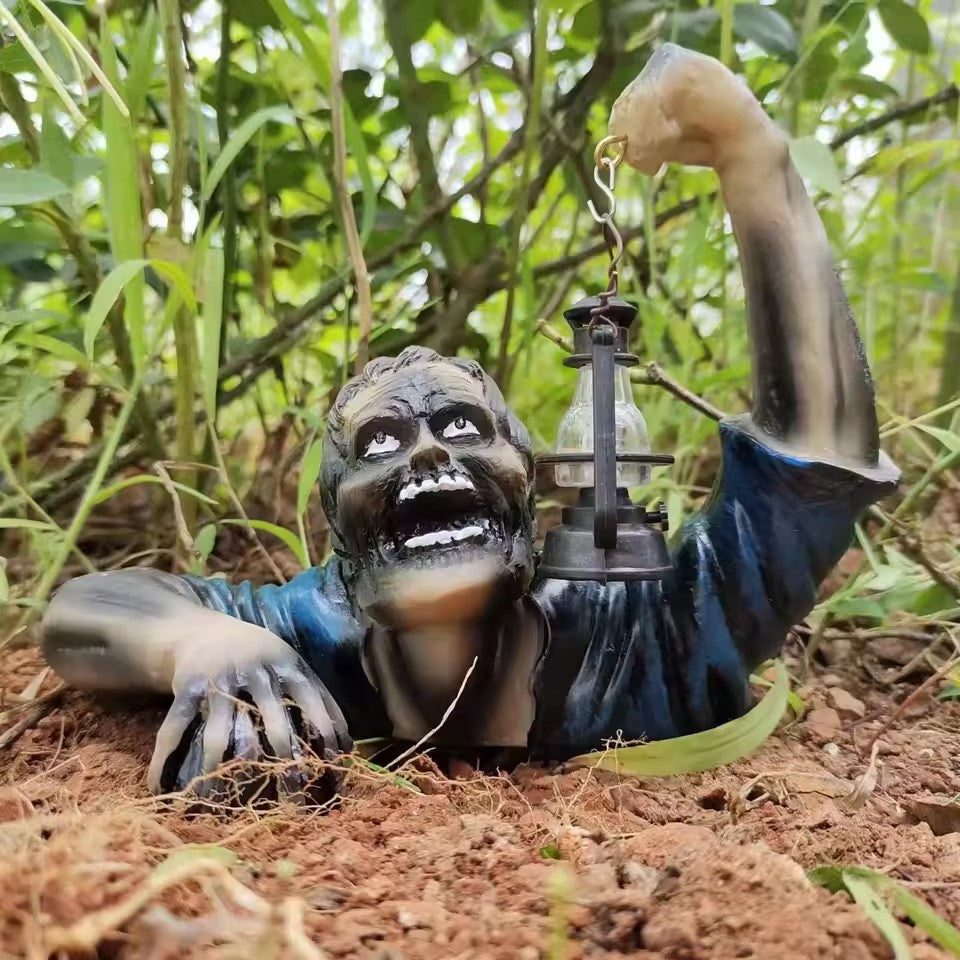 Harz-Zombie-Gartenfigur mit Laterne für Halloween-Außendekoration, Garten und Terrasse, wasserfest, Horror | Sansoti
