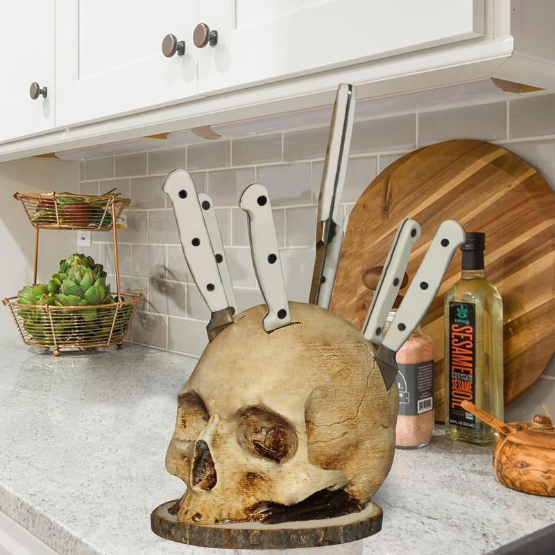 Skull-Shaped Knife Block with Fruit Bowl Gothic Design Storage Rack Kitchen Decoration Horror Kitchenware | Sansoti