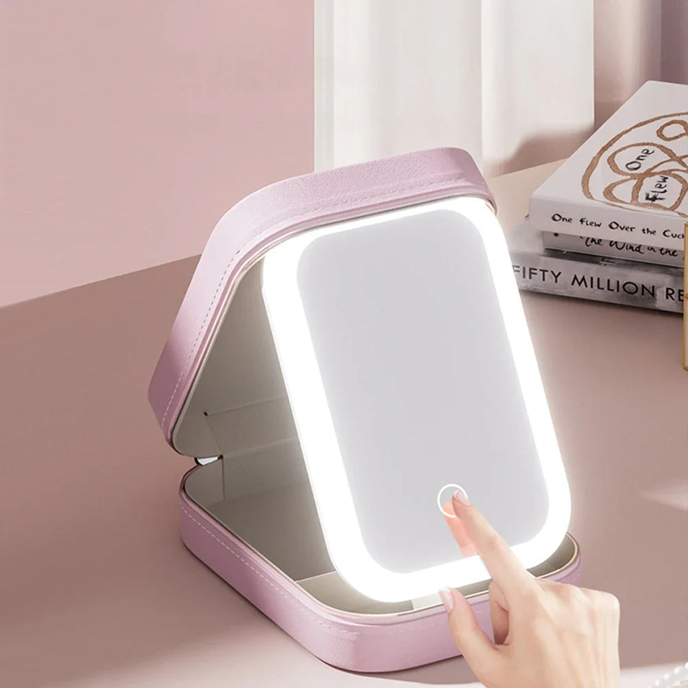 LED Make-up Organizer Box met Spiegel en 3 Lichtinstellingen – Reiskoffer voor Cosmetica | Sansoti