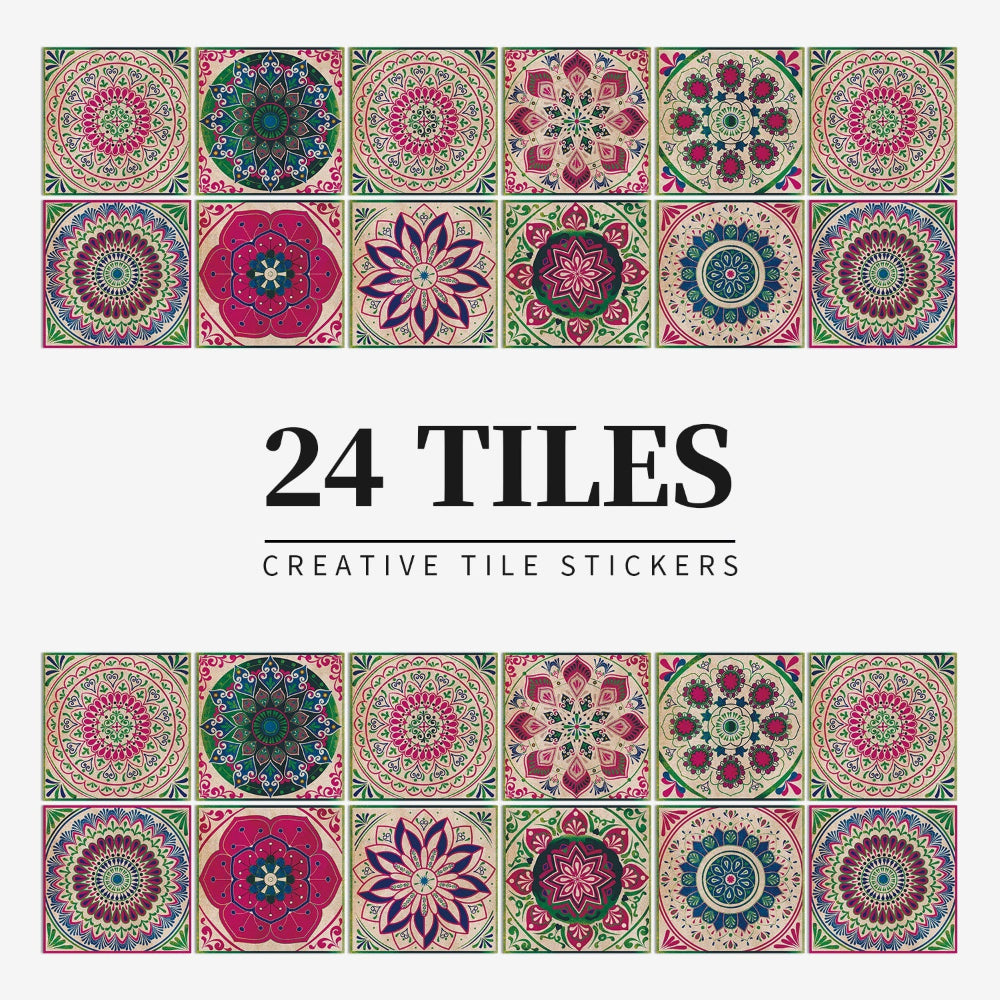 Autocollants adhésifs de carreaux portugais avec motif mandala coloré pour décoration murale de cuisine et salle de bain, lot de 24 pièces | Restfield
