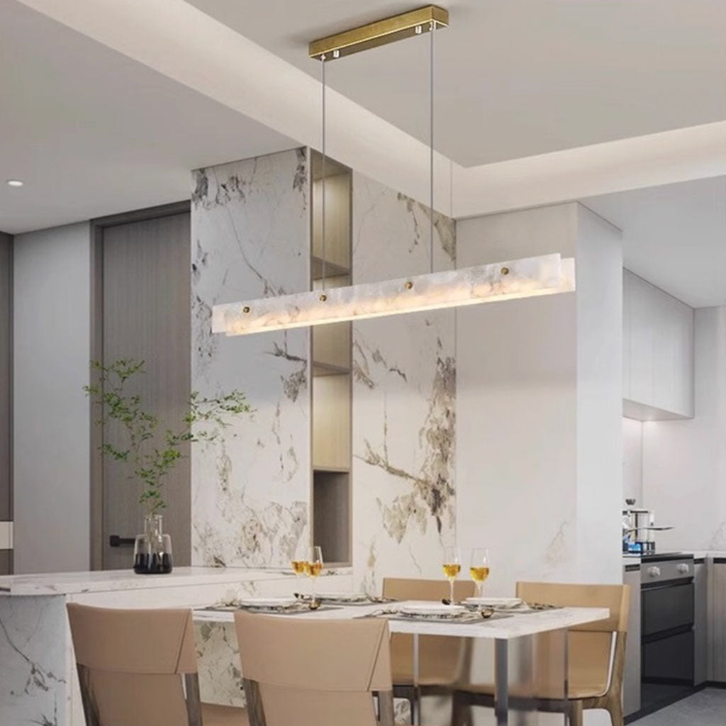 Dimmbare LED-Hängeleuchte Marmor Linear für Esszimmer und Kücheninsel, Weiß Gold, Fernbedienung, 3 Lichtfarben | Sansoti
