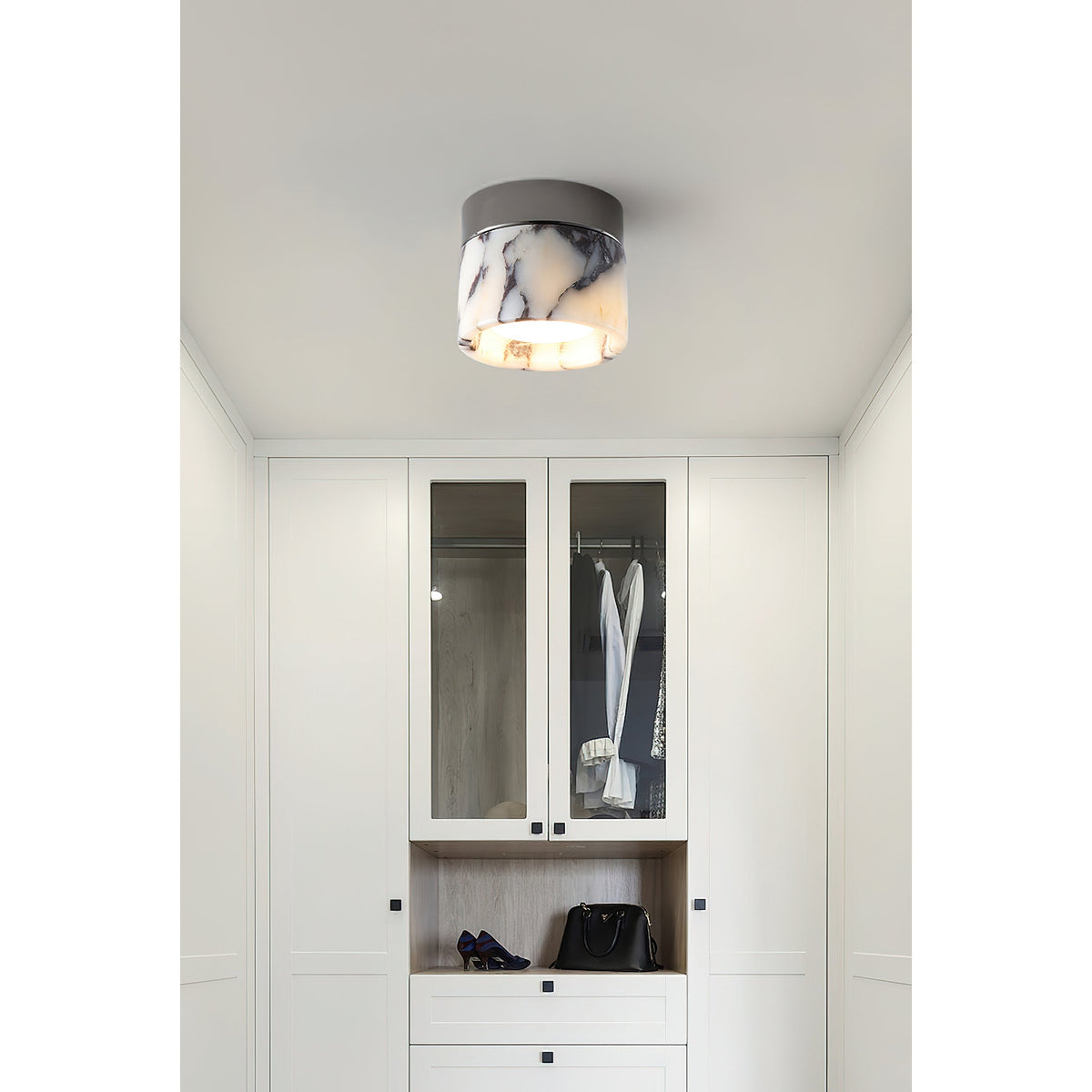 Ronde Plafondlamp Marmer met Glazen Kap Moderne Verlichting voor Woonkamer Slaapkamer Hal en Eetkamer | Sansoti