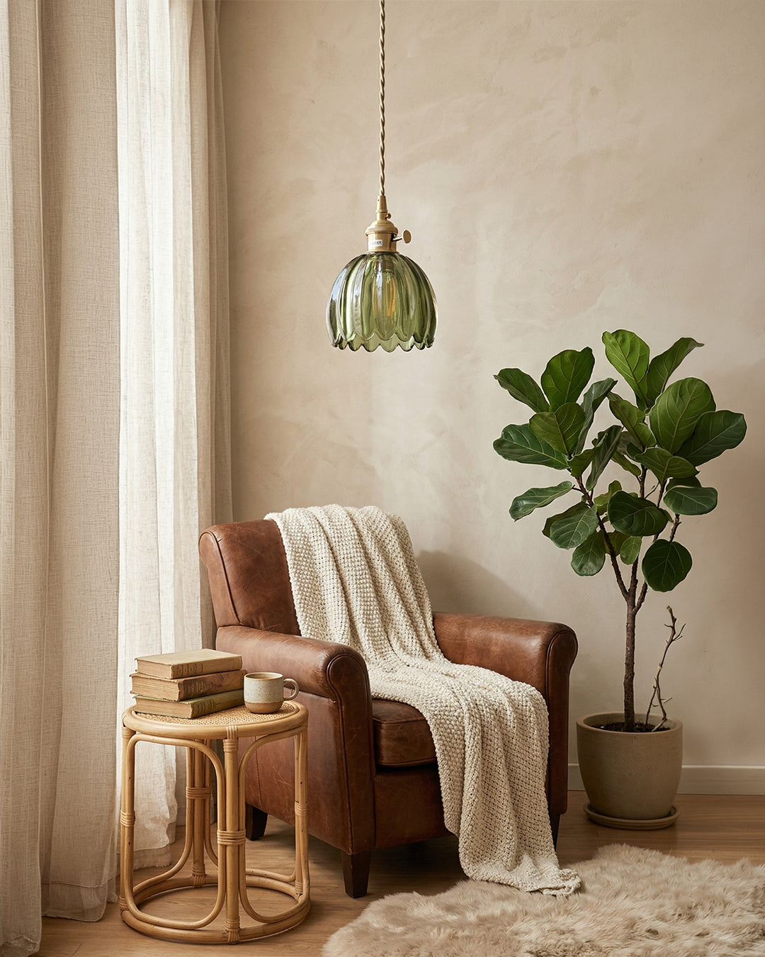 MAREN Hanglamp – Japanse Bloemvormige Glazen Lamp met Zacht Diffuus Licht – Verkrijgbaar in Groen, Transparant, Amber en Rookgrijs – Ø12cm x H18cm | Sansoti