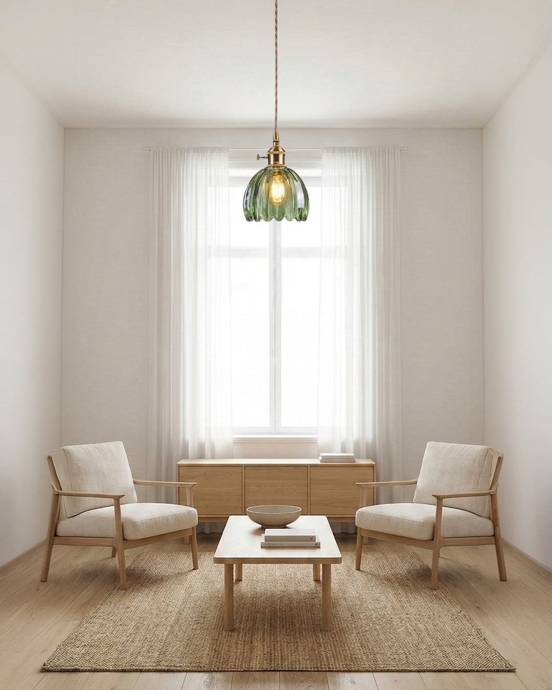 MAREN Hanglamp – Japanse Bloemvormige Glazen Lamp met Zacht Diffuus Licht – Verkrijgbaar in Groen, Transparant, Amber en Rookgrijs – Ø12cm x H18cm | Sansoti