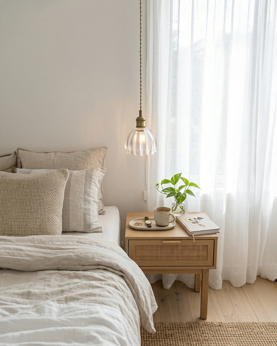 MAREN Hanglamp – Japanse Bloemvormige Glazen Lamp met Zacht Diffuus Licht – Verkrijgbaar in Groen, Transparant, Amber en Rookgrijs – Ø12cm x H18cm | Sansoti