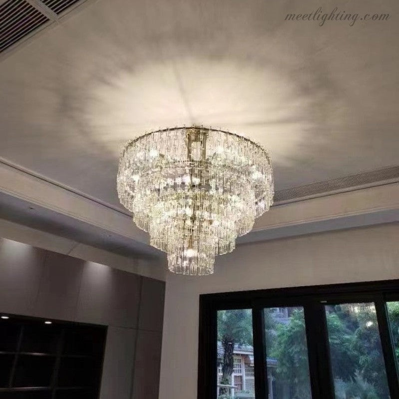 Kristallkronleuchter 155 cm fünf Ebenen 17 Lichtquellen Stahl Glas Luxuriöse Beleuchtung Esszimmer Eingangsbereich Lobby | Sansoti