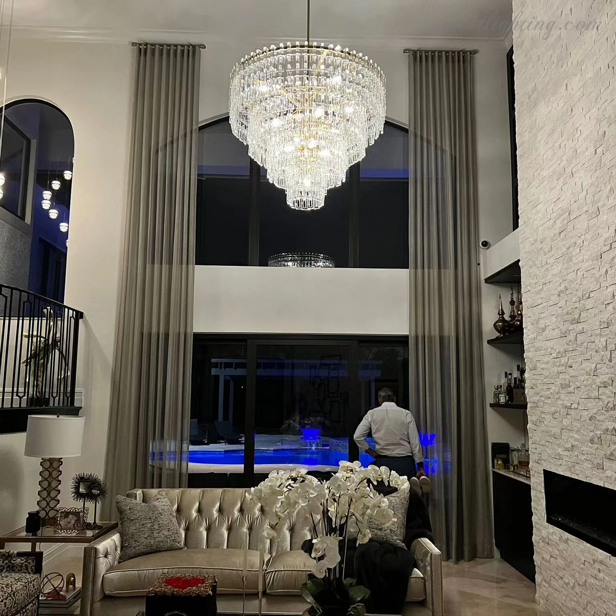 Kristallkronleuchter 155 cm fünf Ebenen 17 Lichtquellen Stahl Glas Luxuriöse Beleuchtung Esszimmer Eingangsbereich Lobby | Sansoti