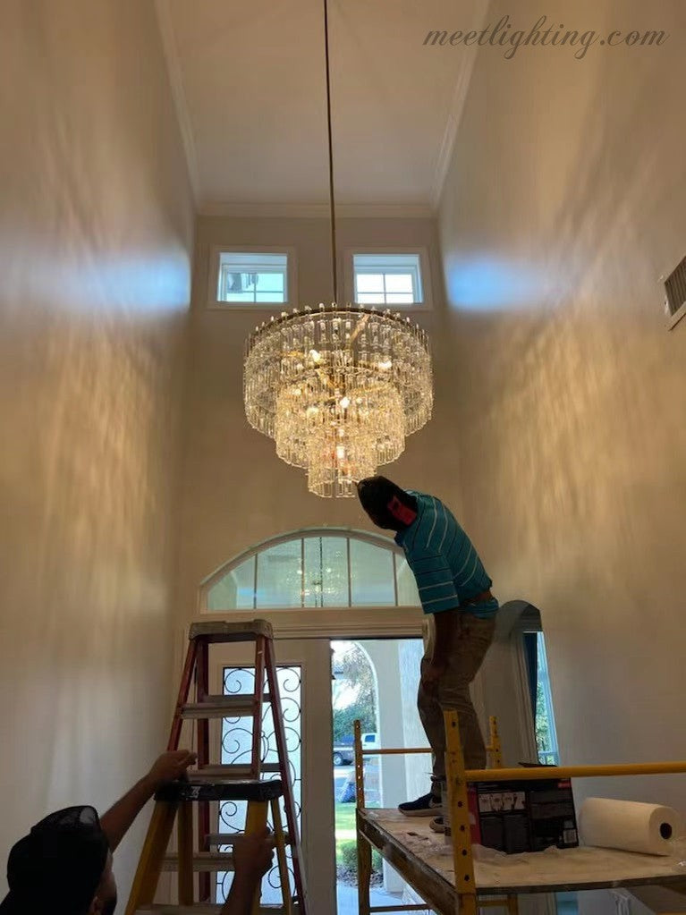 Kristallkronleuchter 155 cm fünf Ebenen 17 Lichtquellen Stahl Glas Luxuriöse Beleuchtung Esszimmer Eingangsbereich Lobby | Sansoti