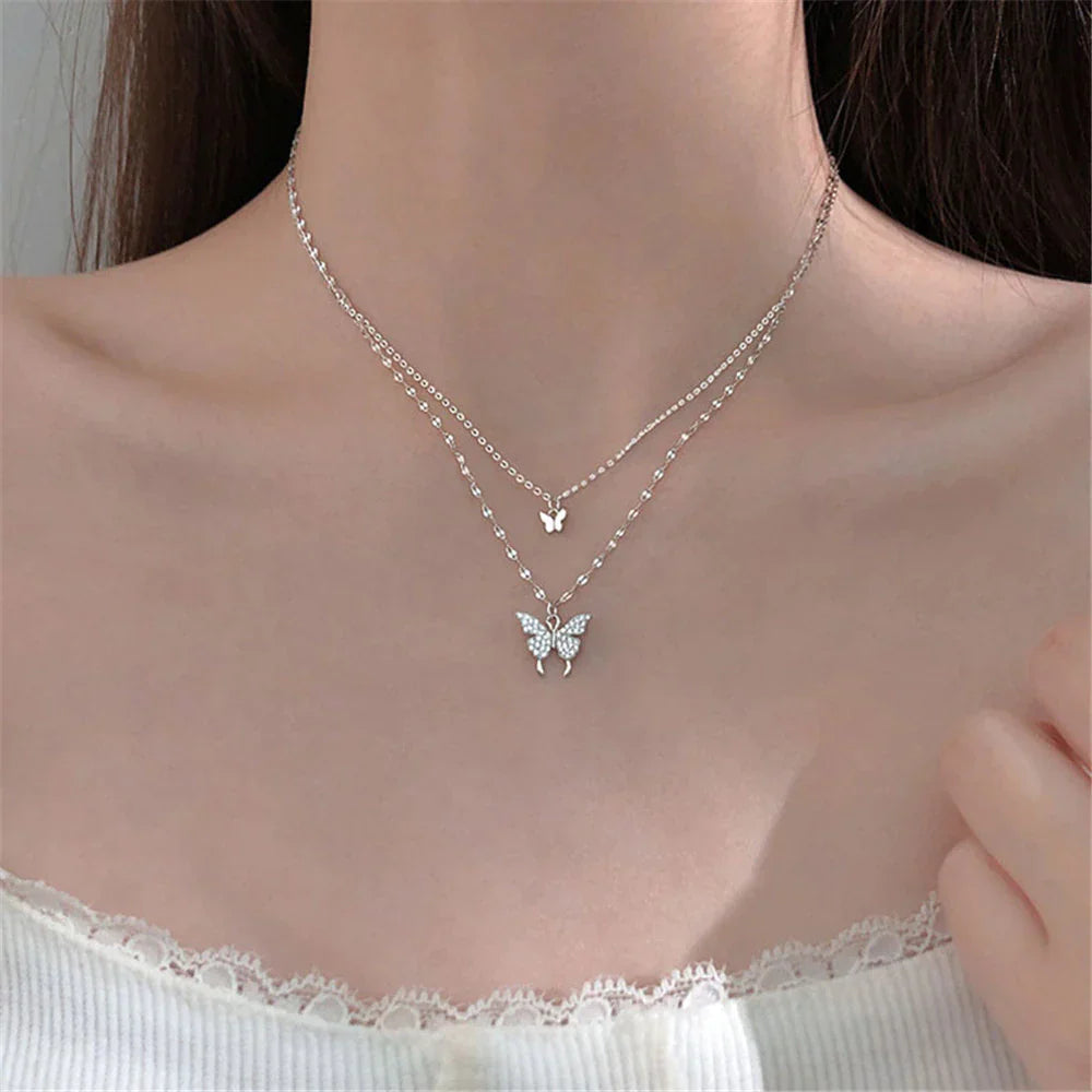 Gelaagde Sieraden Set Zilver met Vlinder Hanger Kristal voor Dagelijks Dragen | Sansoti